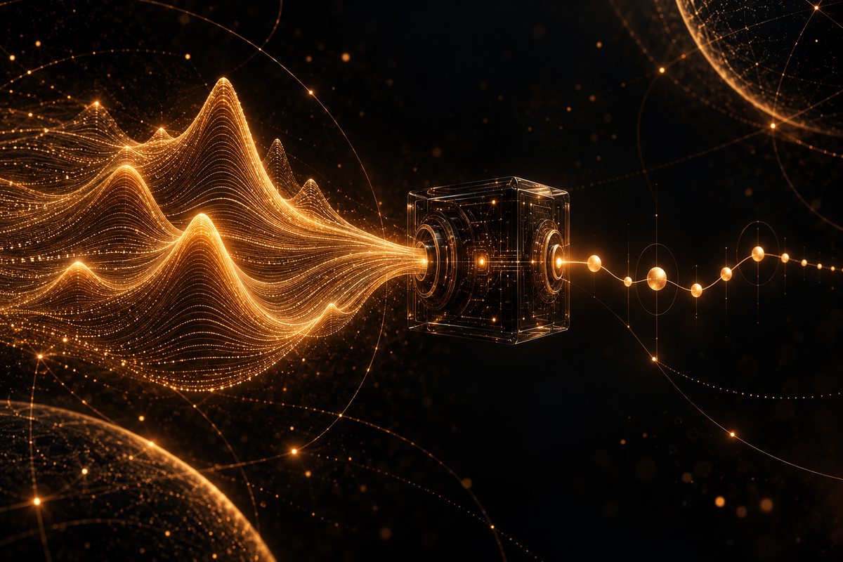 A luminous amber probability landscape enters a black-glass model core and emerges as a sparse sequence of confidence signals.