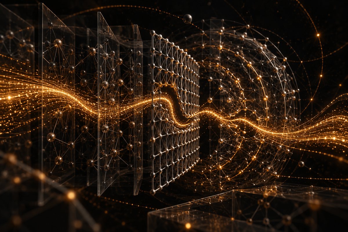 An amber information stream bends through layered transparent monitoring lattices surrounded by connected geometric structures.