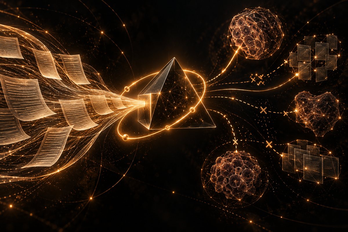 Clinical-note forms flow into an amber model prism and diverge toward several distinct external data constellations.