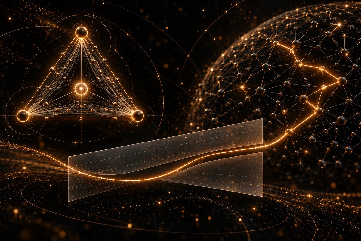 A luminous triangular structure and a vast connected graph are joined by a computation curve slipping beneath two translucent complexity boundaries.