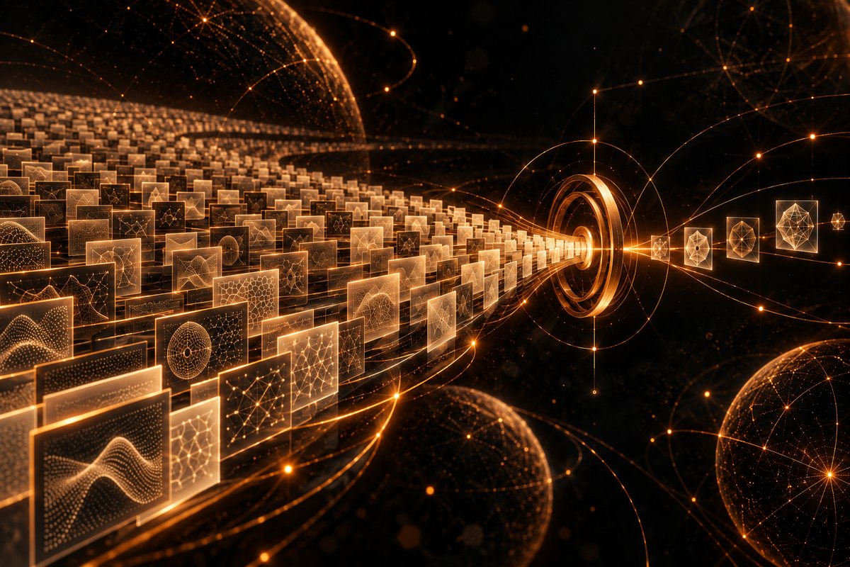 Hundreds of amber mathematical manuscript panels converge on a narrow verification aperture, with only a few crystalline results emerging.