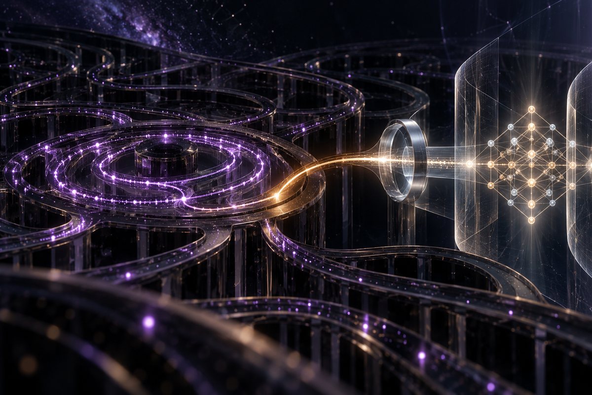 A violet computation path loops through a black-glass research labyrinth before a copper-gold arc redirects it through a silver verification ring into a crystalline proof lattice.