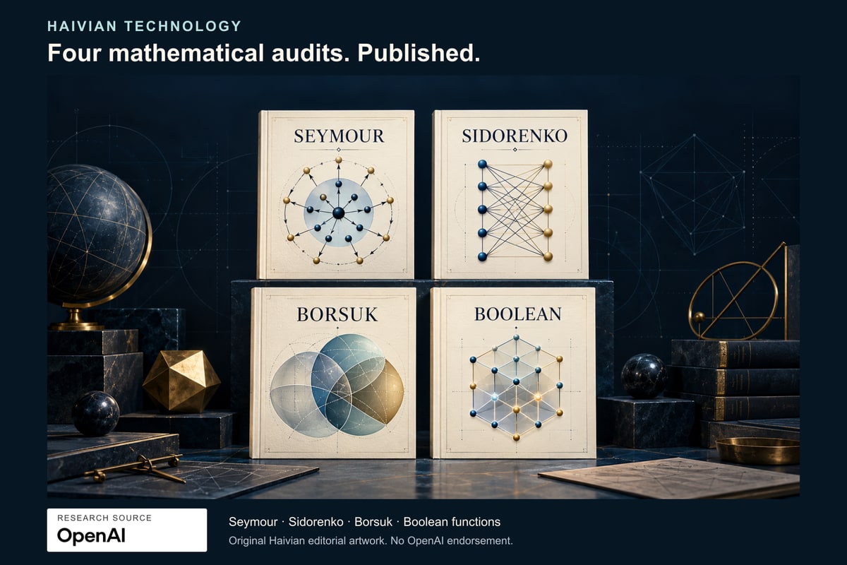 Original editorial illustration of four mathematical folios labelled Seymour, Sidorenko, Borsuk and Boolean, with abstract mathematical motifs, a prominent Haivian headline and a separate subordinate OpenAI “Research Source” plaque.