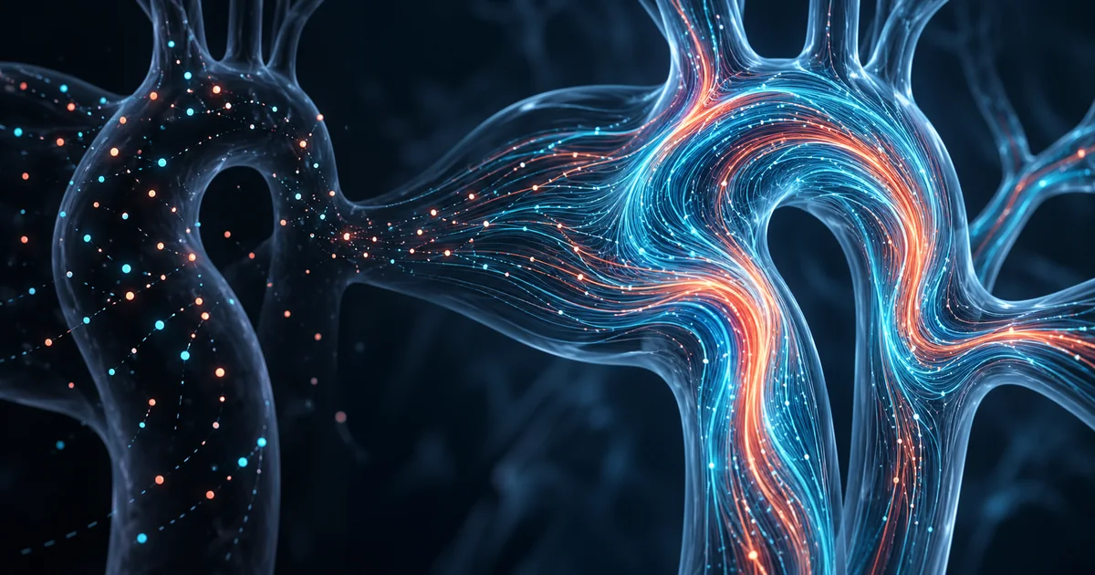 Sparse cyan and coral particle tracks resolve into a coherent flow field through an abstract branching chamber.