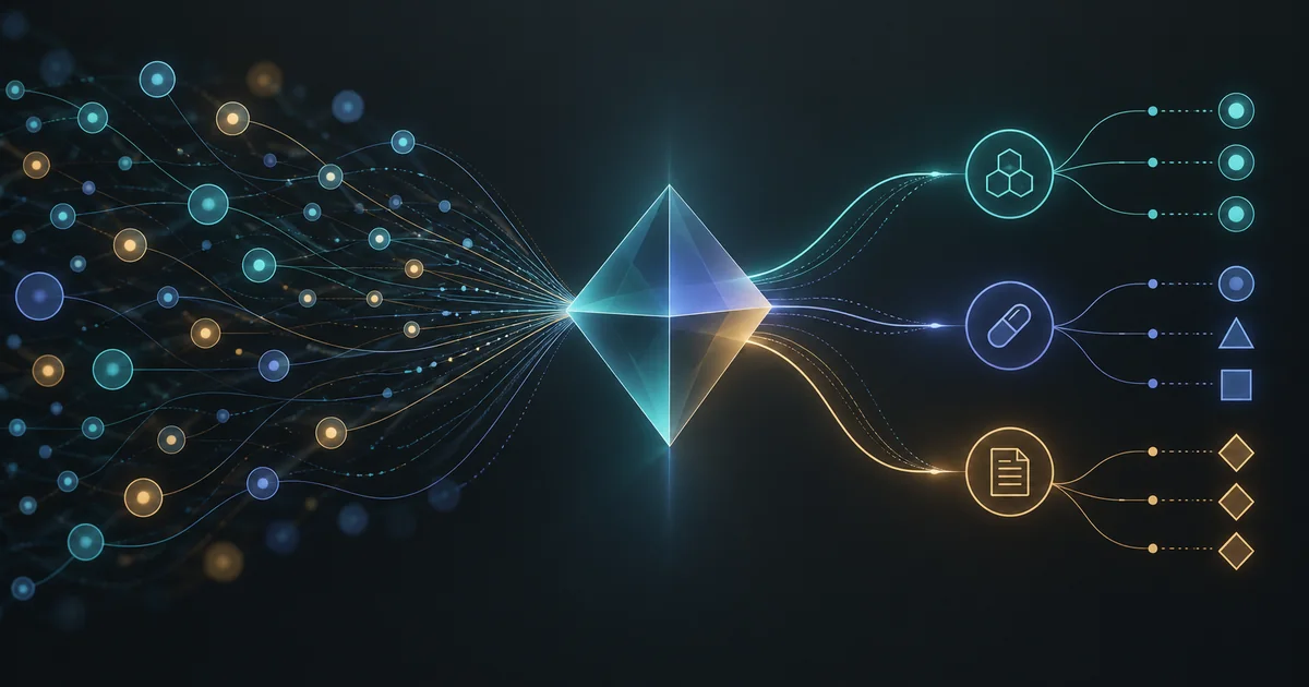 A network of clinical questions converges on an evidence prism and branches into treatment, medication and guideline pathways.