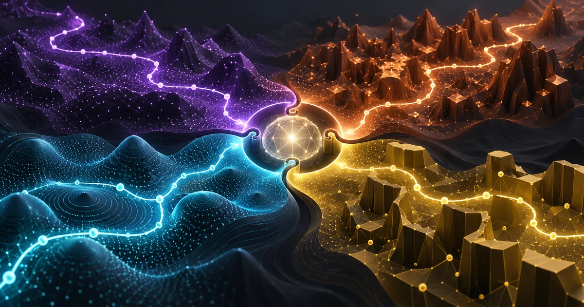 Four luminous algorithm paths cross distinct constraint landscapes and interlock around a precise central problem contract.