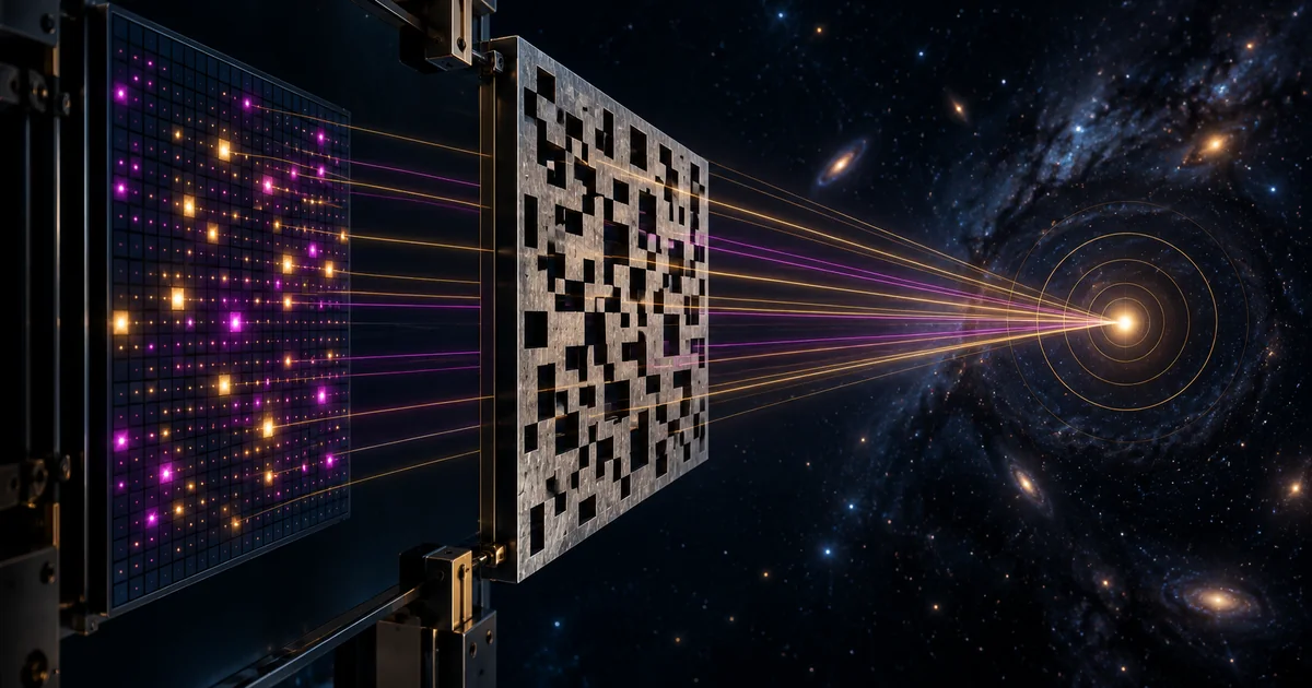 Sparse gold and magenta detector events pass through a coded aperture and resolve into one localised celestial point.