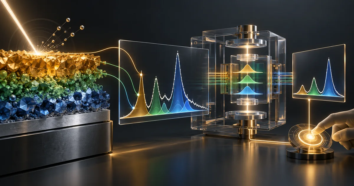 A layered battery interface feeds spectral peaks through a transparent constrained analysis mechanism with a human review control.