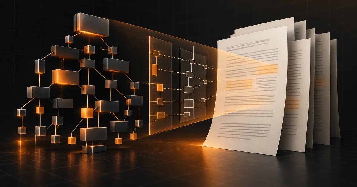 Abstract mathematical manuscript and formal proof graph separated by a verification boundary
